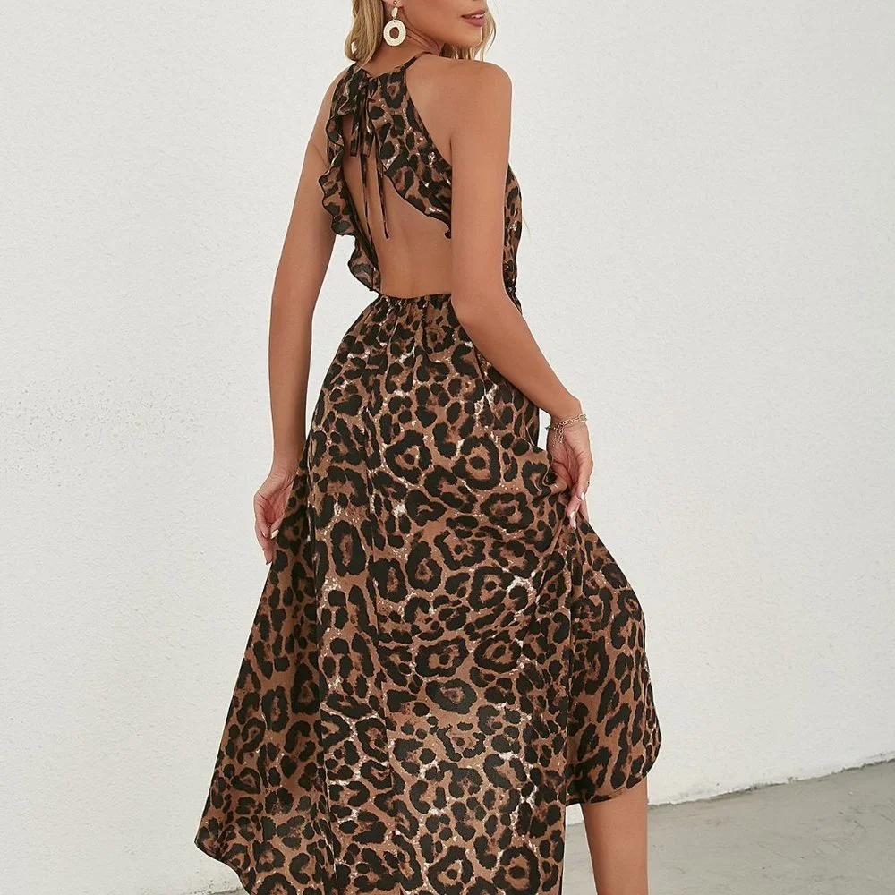 New Leopard Print Ruffle Tie Backless Asymmetrical Hem Halter Dress